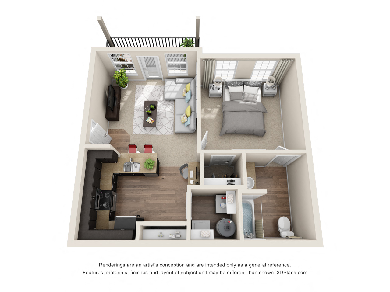 Floor plan for 1 bed, 1 bath, 596 sqft